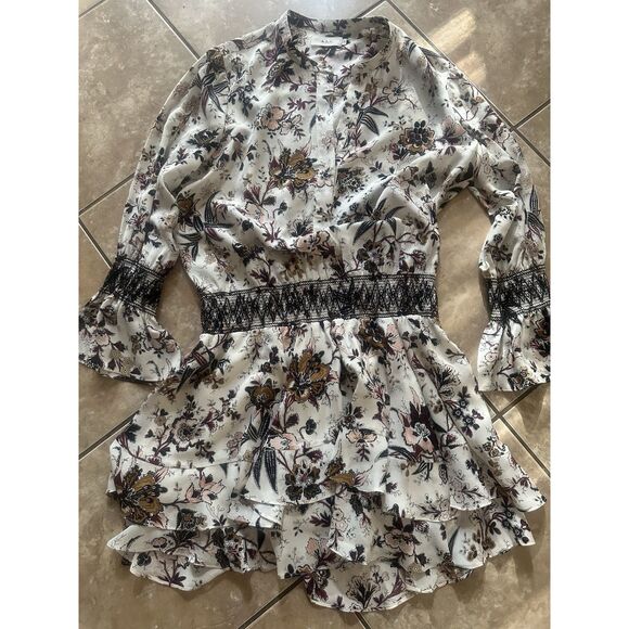 ALC A.L.C. 12 Silk Mini Blouson Floral Dress Ruffle Accent Long Sleeve - Picture 2 of 8